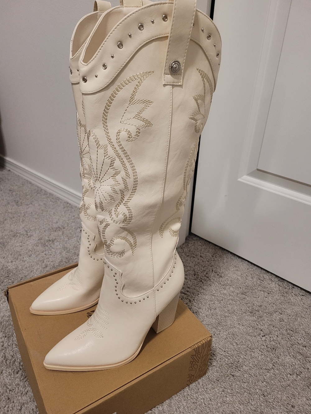 SHEIN White Embroidered Western Knee-High Heeled Boots
